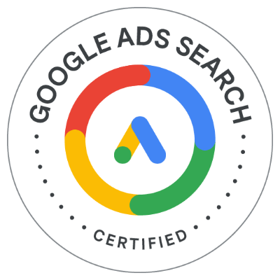 L'image montre un badge circulaire avec l'inscription "google ads search certified" entourée d'un anneau coloré représentant les couleurs de google.